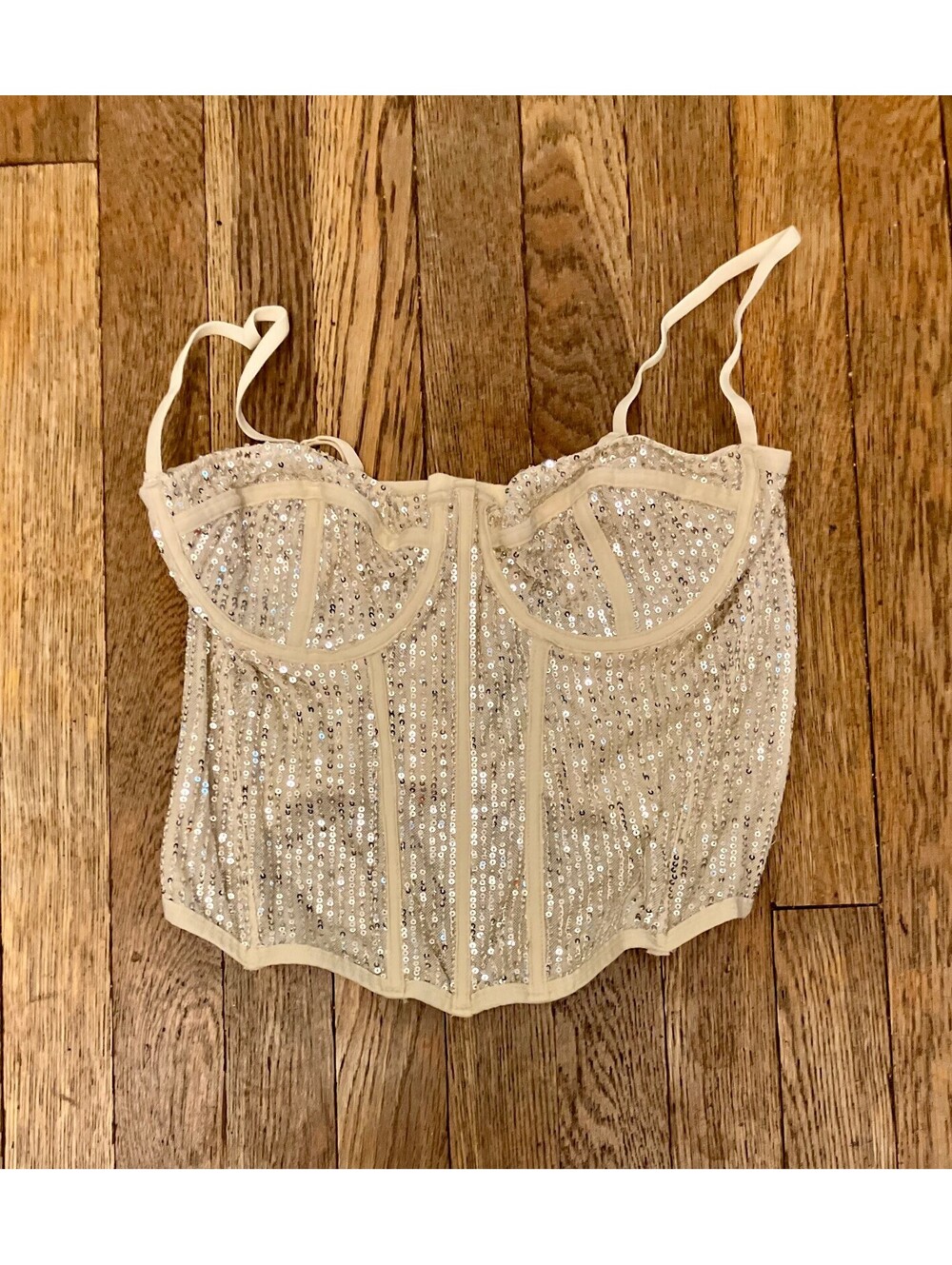 Out From Under Urban Outfitters Women L Ivory Silver Sequin Mesh Corset Bustier